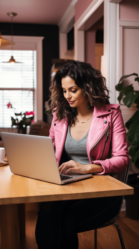 woman with wavy brown hair, wearing a grey t-shirt, pink leather jacket, sitting at her kitchen table.  She's working on her laptop, implementing her content marketing plan.