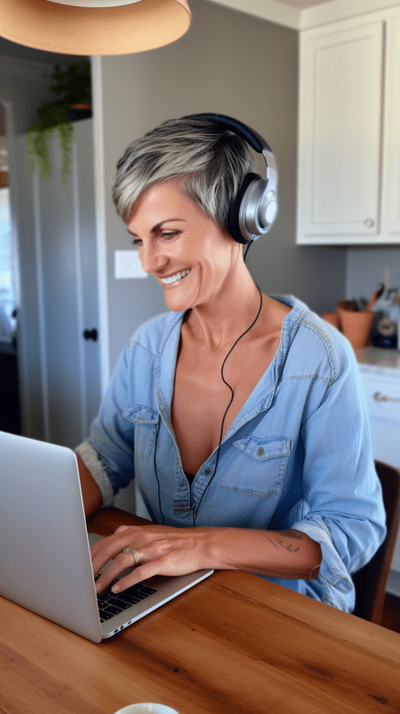 woman sitting at a laptop doing some content writing.
